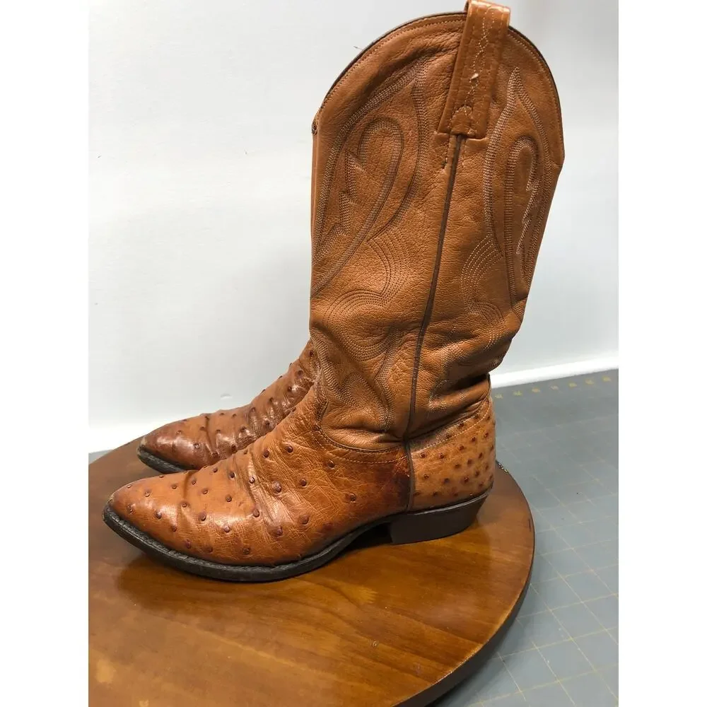 J. Chisholm Men's Full quill Ostrich Leather Western Cowboy Boots Size 9 D USA